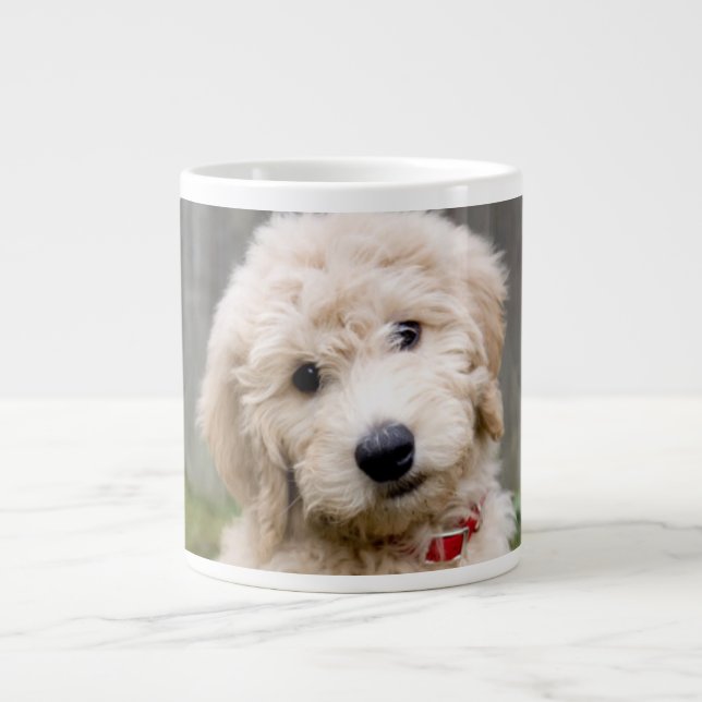 Goldendoodle Puppy Sits In Grass Large Coffee Mug (Front)