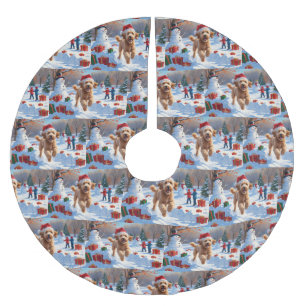 Goldendoodle Running in Snow with Christmas Hat Brushed Polyester Tree Skirt