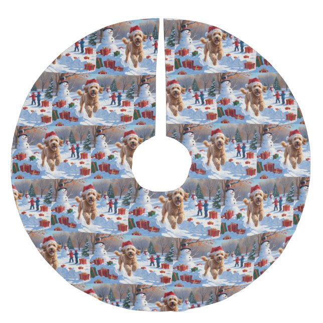 Goldendoodle Running in Snow with Christmas Hat Brushed Polyester Tree Skirt (Front)