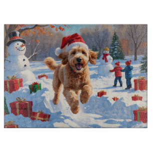 Goldendoodle Running in Snow with Christmas Hat Cutting Board