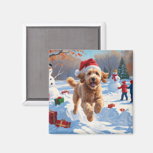 Goldendoodle Running in Snow with Christmas Hat Magnet
