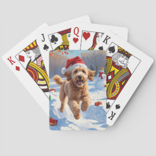 Goldendoodle Running in Snow with Christmas Hat Playing Cards