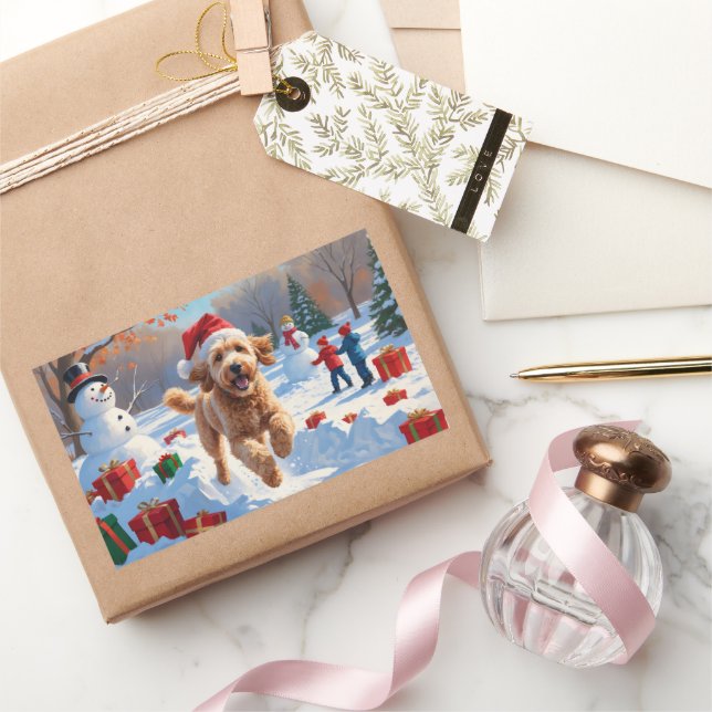 Goldendoodle Running in Snow with Christmas Hat Rectangular Sticker (Gifting)