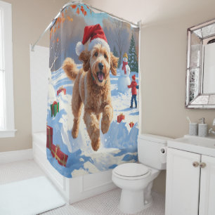 Goldendoodle Running in Snow with Christmas Hat Shower Curtain