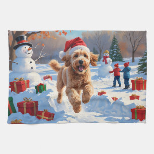 Goldendoodle Running in Snow with Christmas Hat Tea Towel