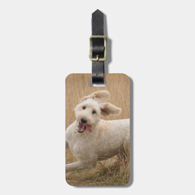 Goldendoodle Runs Through Grass Luggage Tag (Front Vertical)