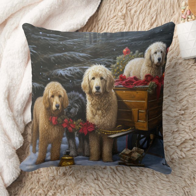 Goldendoodle Snowy Sleigh Christmas Decor Cushion (Blanket)