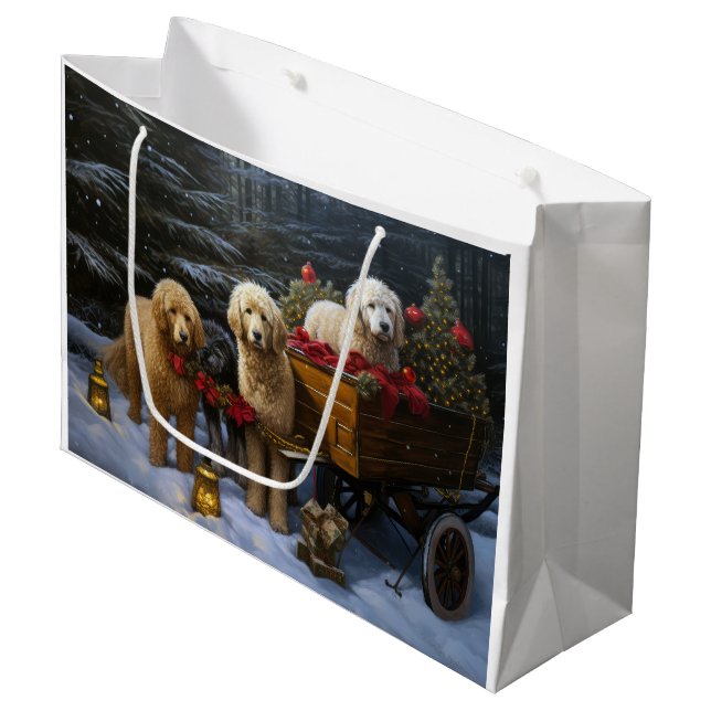 Goldendoodle Snowy Sleigh Christmas Decor Large Gift Bag (Front Angled)