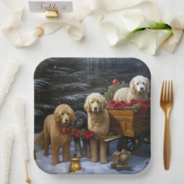 Goldendoodle Snowy Sleigh Christmas Decor   Paper Plate (Wedding)