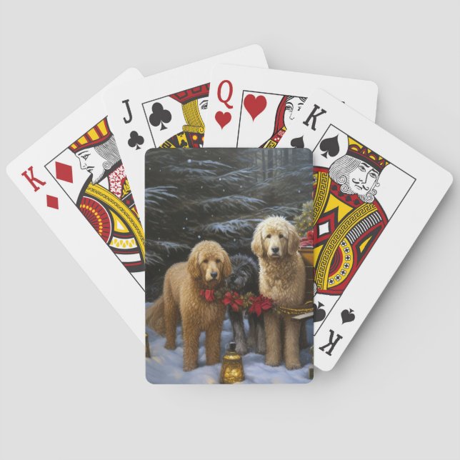 Goldendoodle Snowy Sleigh Christmas Decor Playing Cards (Back)