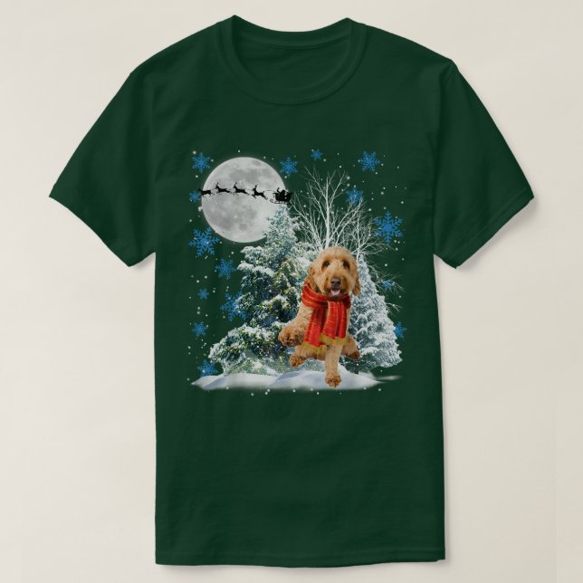 Goldendoodle Under Moonlight Snow Christmas Pajama T-Shirt (Design Front)