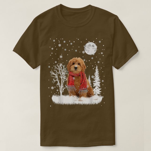 Goldendoodle Under Moonlight Snow Christmas Pajama T-Shirt (Design Front)