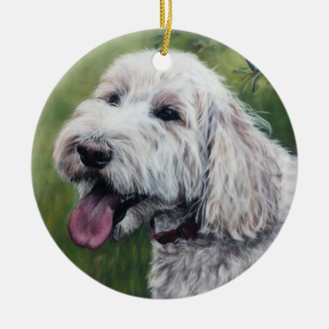 Goldendoodle white puppy ceramic tree decoration (Front)