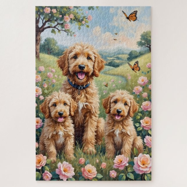 Goldendoodle Wild Rose Meadow Art Jigsaw Puzzle (Vertical)