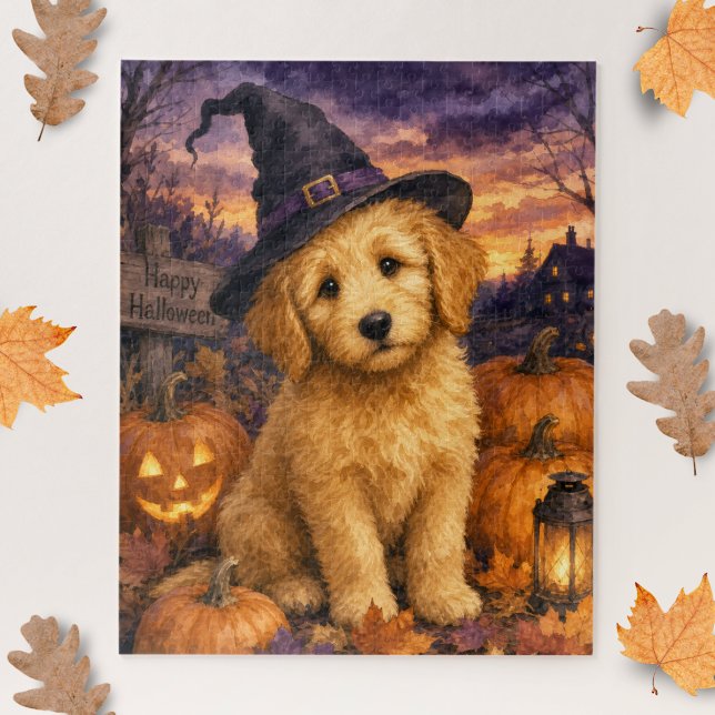 Goldendoodle Witch Hat Pumpkin Jigsaw Puzzle (Jigsaw puzzle with a Goldendoodle puppy wearing a witch's hat, laid flat on a surface with leaves.)