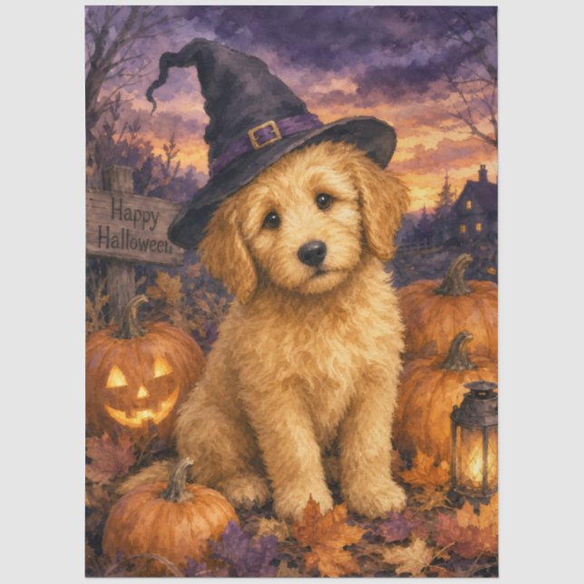 Goldendoodle Witch Hat Pumpkin Tissue Paper (Front)