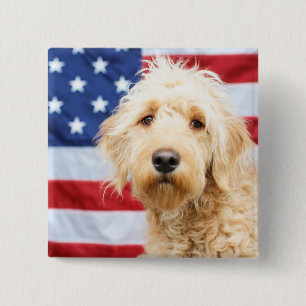 Goldendoodle With American Flag 15 Cm Square Badge