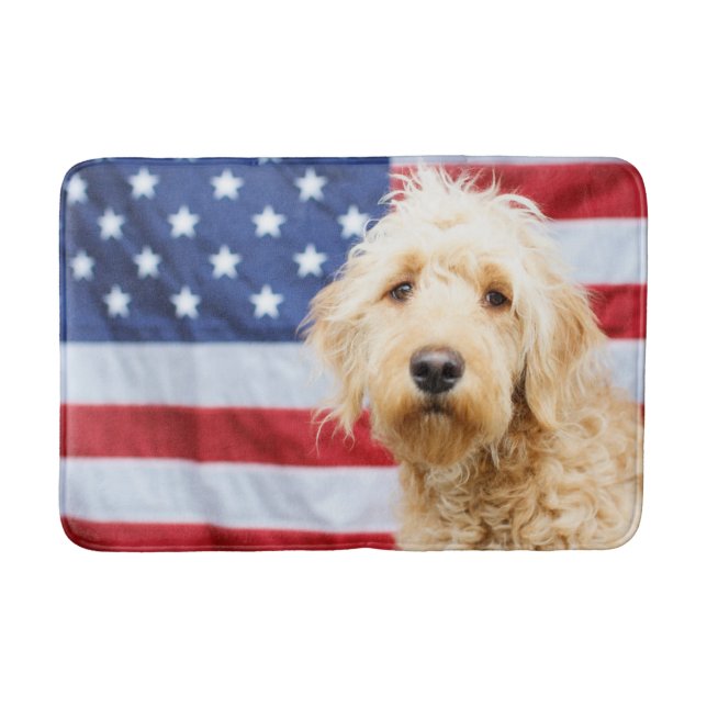 Goldendoodle With American Flag Bath Mat (Front)