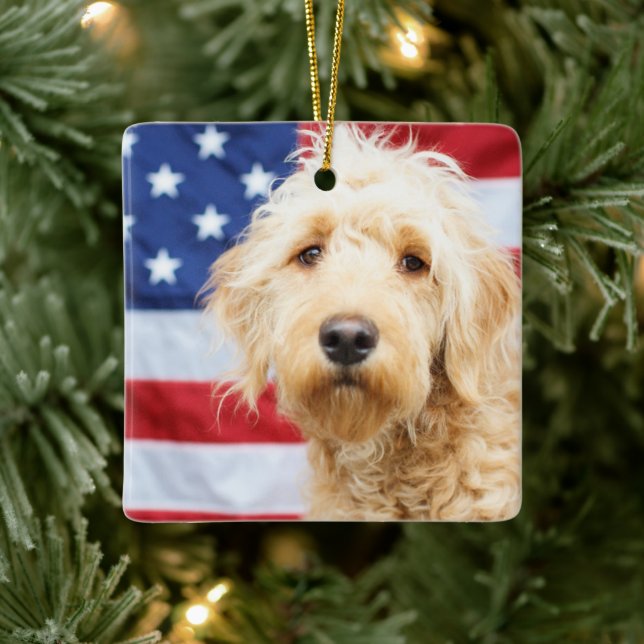 Goldendoodle With American Flag Ceramic Ornament (Tree)