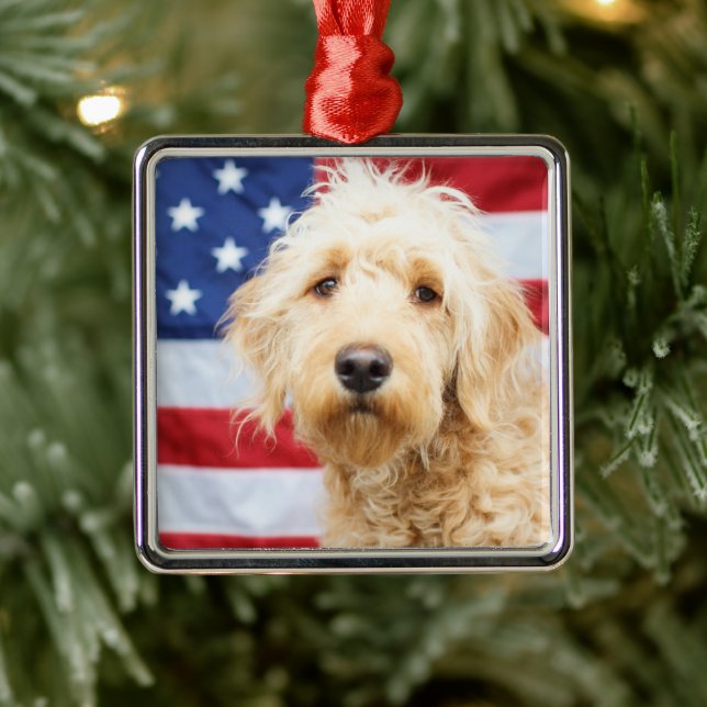 Goldendoodle With American Flag Metal Tree Decoration (Tree)