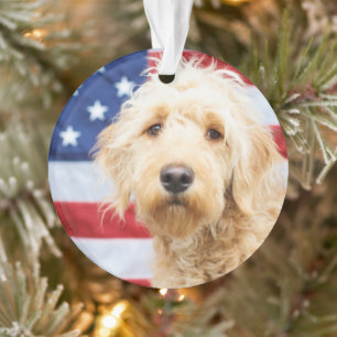 Goldendoodle With American Flag Ornament