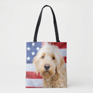 Goldendoodle With American Flag Tote Bag