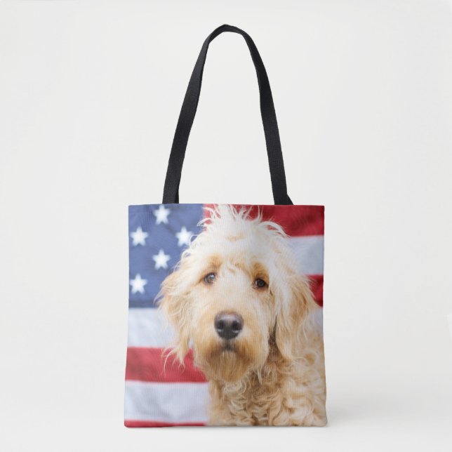Goldendoodle With American Flag Tote Bag (Front)