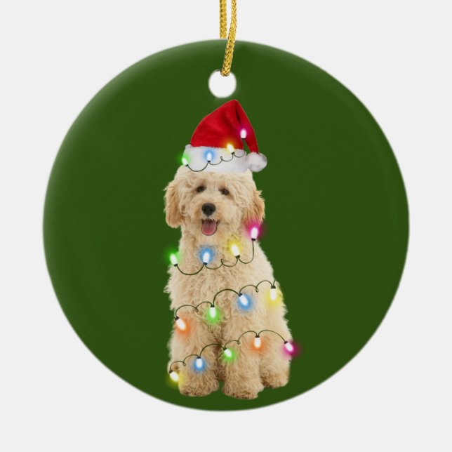 Goldendoodle With Christmas Scafts Santa Hat Ceramic Tree Decoration (Front)