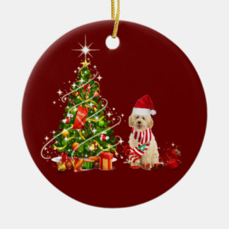 goldendoodle With Hat Scaft Christmas Ceramic Tree Decoration