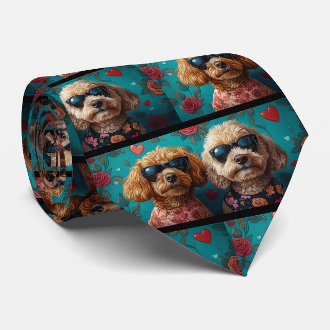 Goldendoodle With Heart Roses Valentine's Day Tie (Rolled)