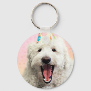 Goldendoodle With Party Hat Key Ring