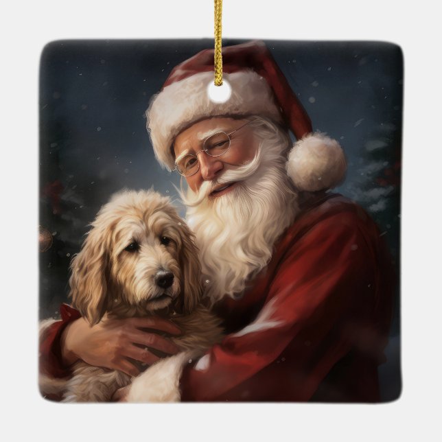 Goldendoodle With Santa Claus Festive Christmas Ceramic Ornament (Back)