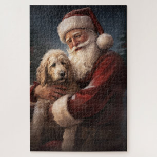 Goldendoodle With Santa Claus Festive Christmas Jigsaw Puzzle