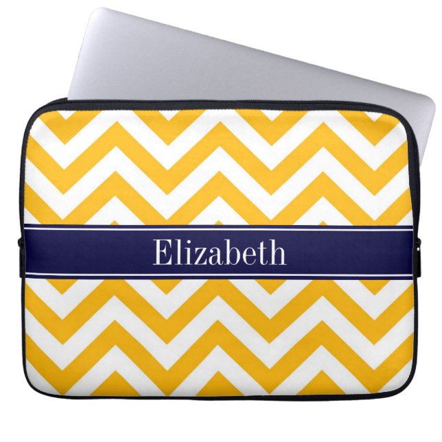 Goldenrod White LG Chevron Navy Blue Name Monogram Laptop Sleeve (Front)