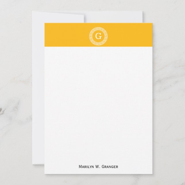 Goldenrod Wht Greek Key Rnd Frame Initial Monogram (Front)