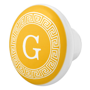Goldenrod Wht Greek Key Rnd Frame Initial Monogram Ceramic Knob