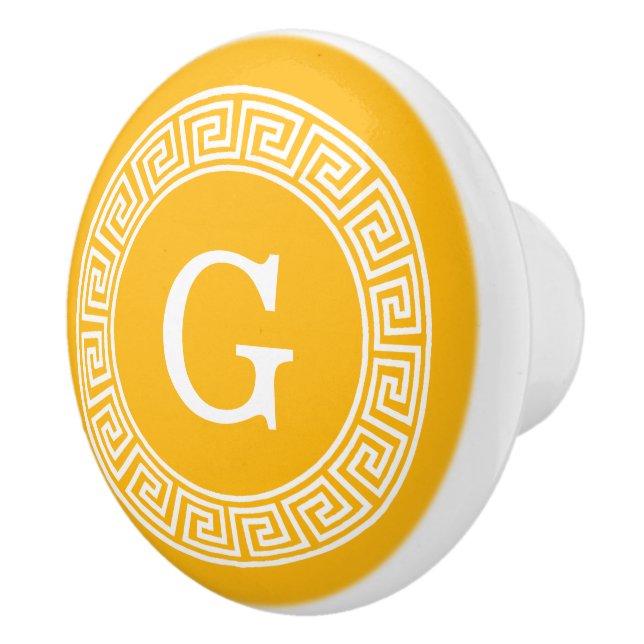 Goldenrod Wht Greek Key Rnd Frame Initial Monogram Ceramic Knob (Right)