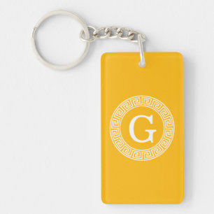 Goldenrod Wht Greek Key Rnd Frame Initial Monogram Key Ring