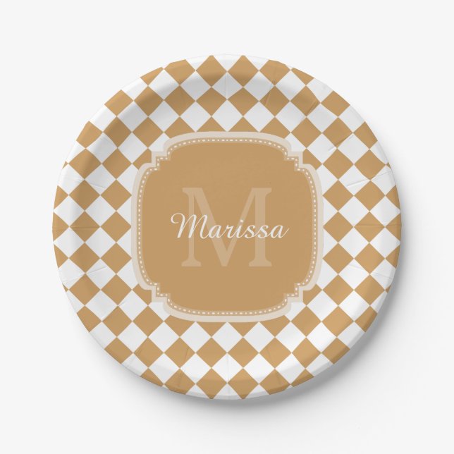 Goldenrod Yellow Chequered Monogram With Name Paper Plate (Front)
