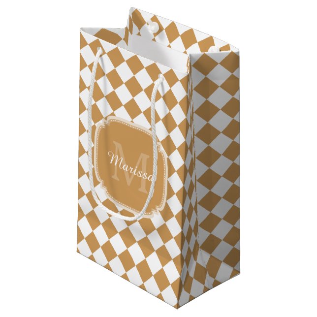 Goldenrod Yellow Chequered Monogram With Name Small Gift Bag (Front Angled)
