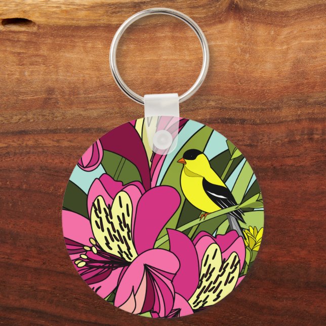 Goldfinch and Peruvian Lily Flower Key Ring (Front)