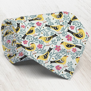 Goldfinch and Prairie Rose Bird Flower Tie