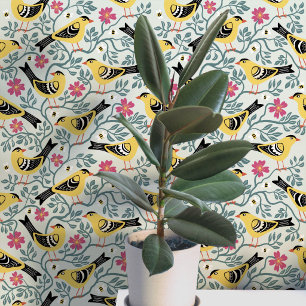 Goldfinch and Prairie Rose Bird Flower Wallpaper