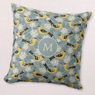 Goldfinch and Rhododendron Bird Flower Monogram Cushion