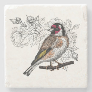 Goldfinch and roses stone coaster