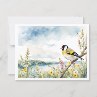 Goldfinch Bird by the Lake, Wild Flowers - Poem Postcard