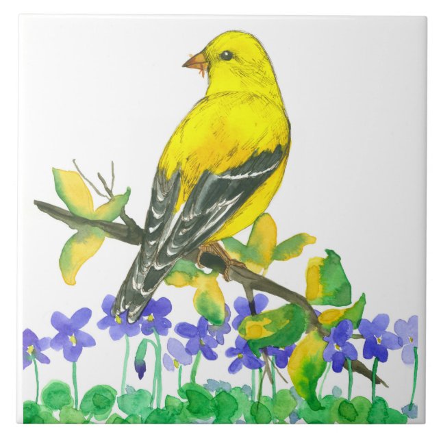 Goldfinch Bird Purple Violets Flowers Tile (Front)