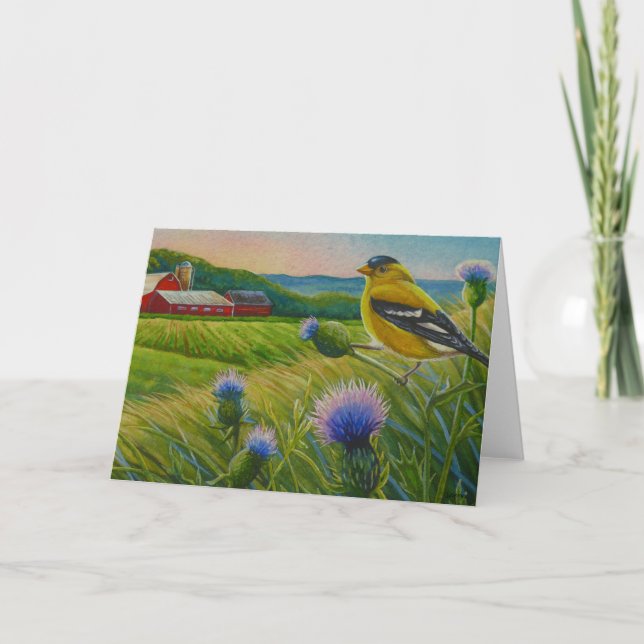 Goldfinch Bird Thistles Summer Farm Watercolor Art Card (Front)