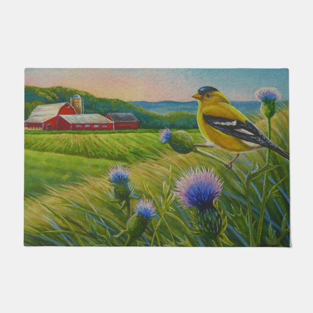 Goldfinch Bird Thistles Summer Farm Watercolor Doormat (Front)