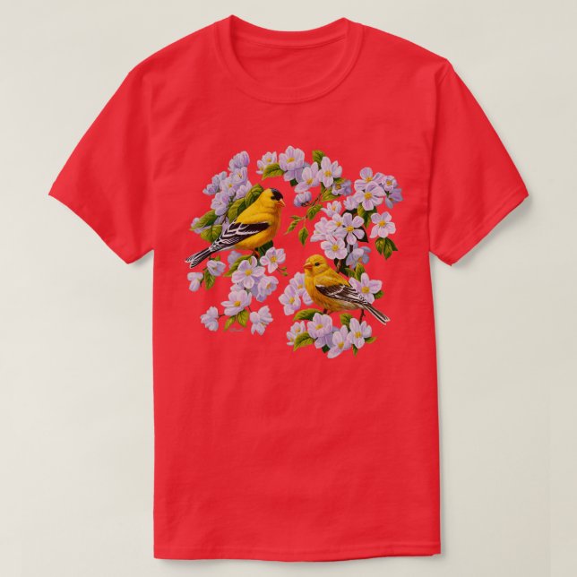 Goldfinch Birds and Apple Blossom Flowers T-Shirt (Design Front)
